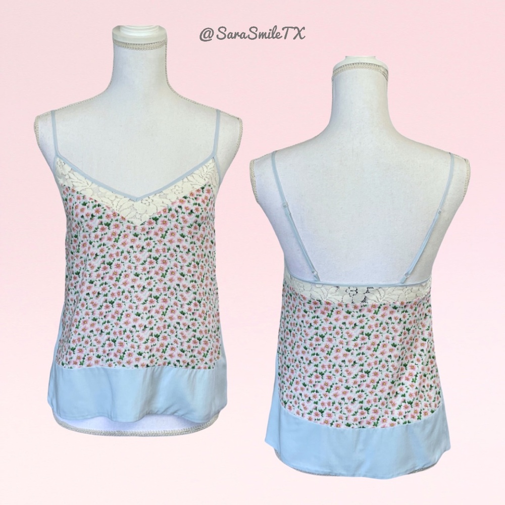 FRENCH CONNECTION Silky Blue Pink Green Floral Print Lace Trim Camisole Tank Top